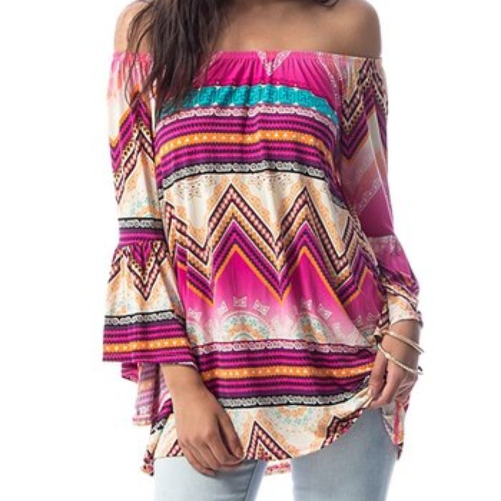 Pink & Tan Chevron Bell-Sleeve Off-Shoulder Tunic
